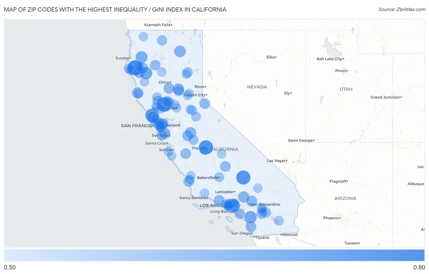 Zip Codes with the Highest Inequality / Gini Index in California Map