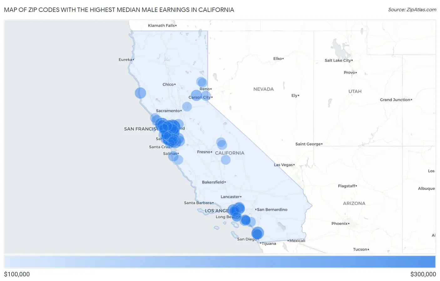 Zip Codes with the Highest Median Male Earnings in California Map