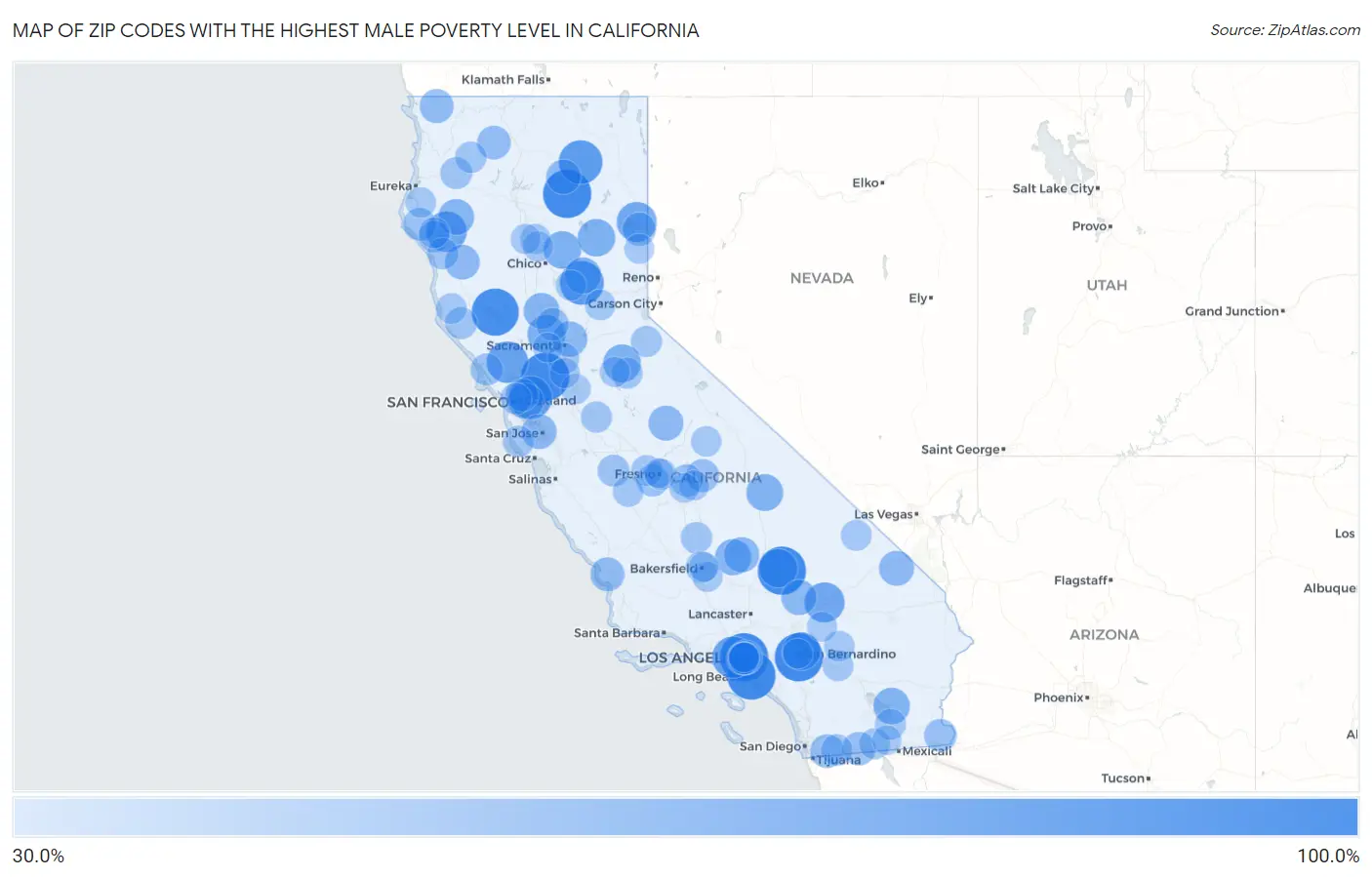 Zip Codes with the Highest Male Poverty Level in California Map