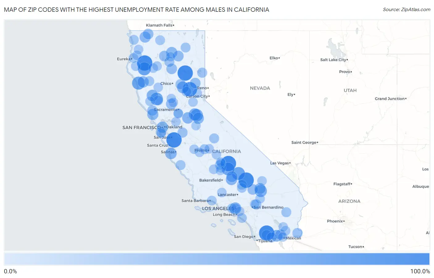 Zip Codes with the Highest Unemployment Rate Among Males in California Map