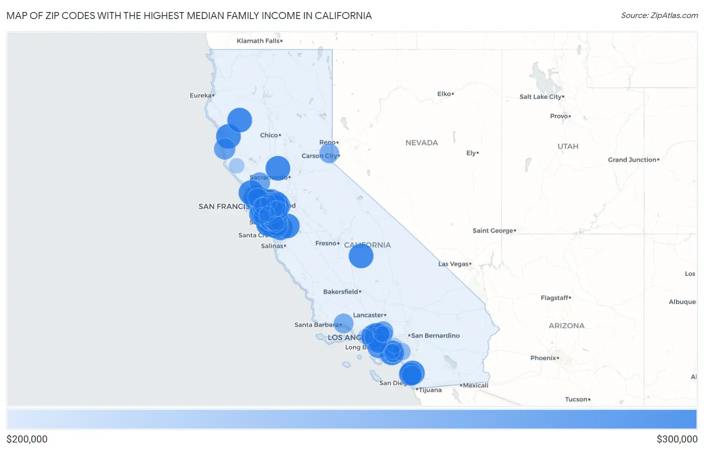 Zip Codes with the Highest Median Family Income in California Map