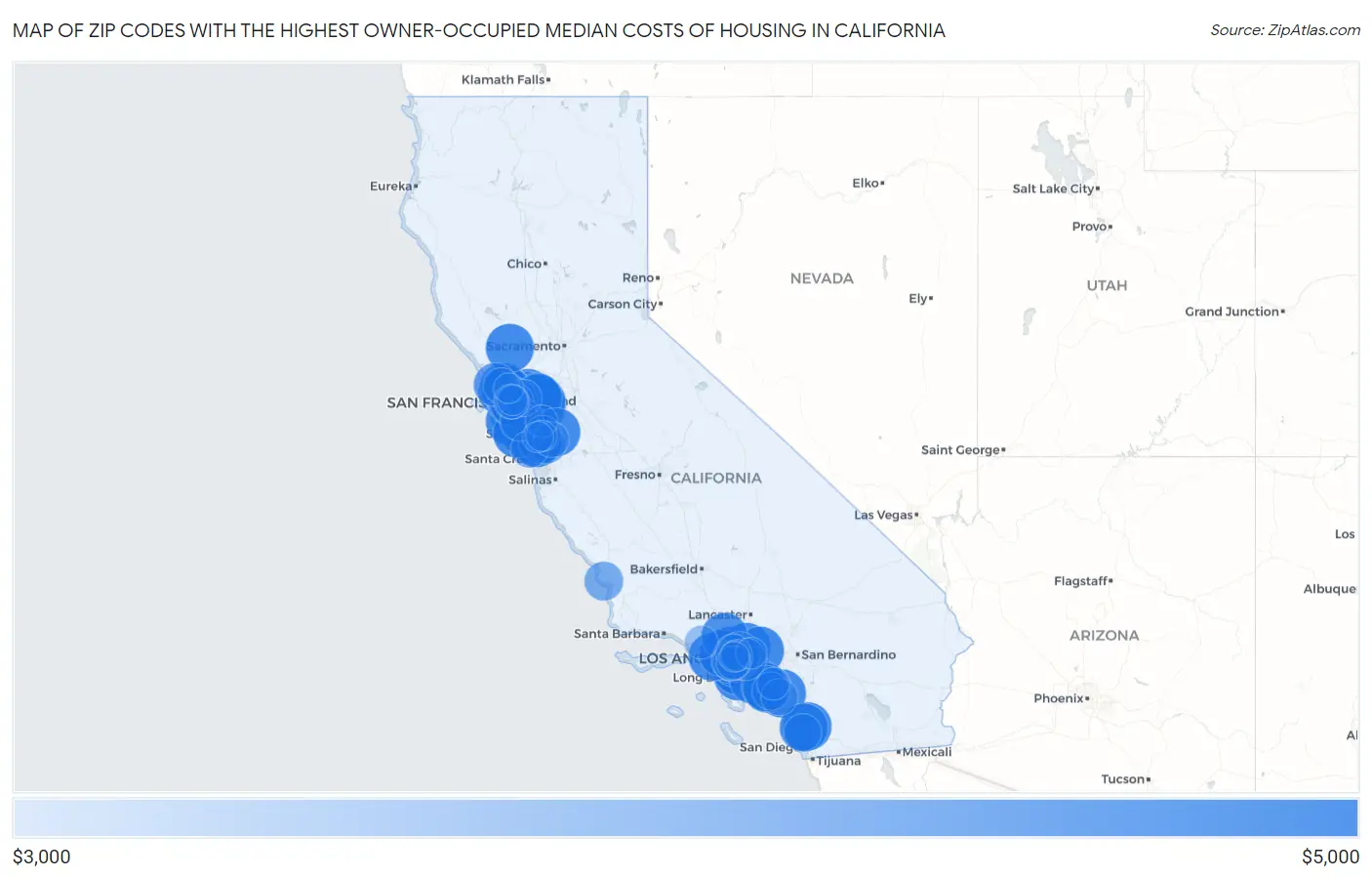 Zip Codes with the Highest Owner-Occupied Median Costs of Housing in California Map