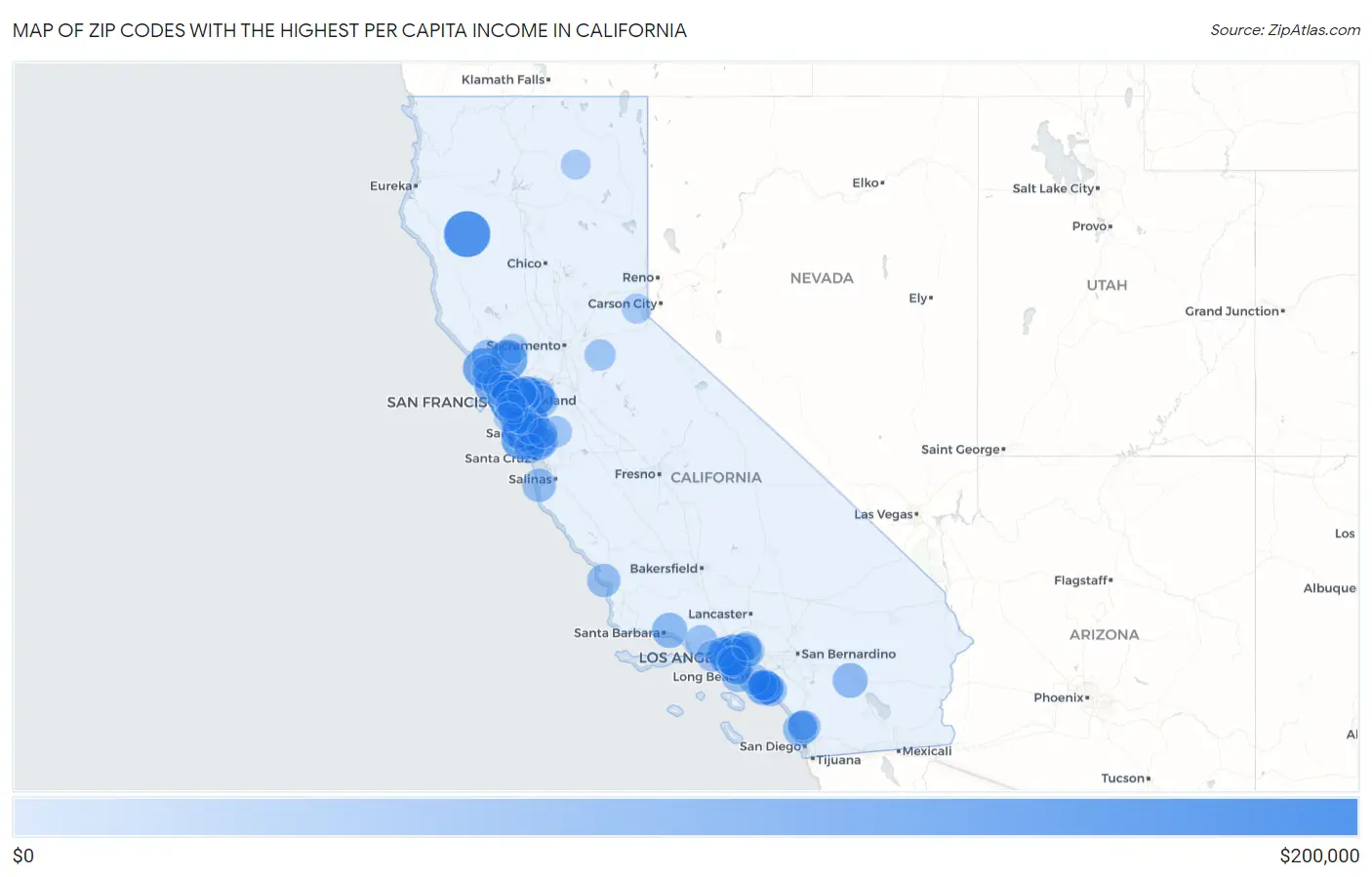 Zip Codes with the Highest Per Capita Income in California Map
