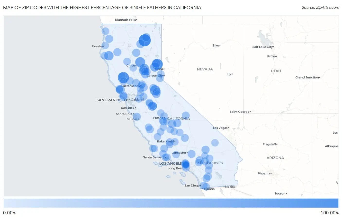 Zip Codes with the Highest Percentage of Single Fathers in California Map