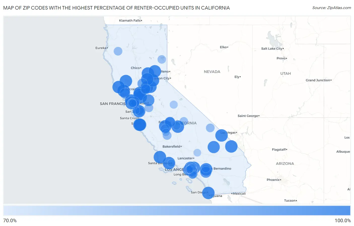 Zip Codes with the Highest Percentage of Renter-Occupied Units in California Map