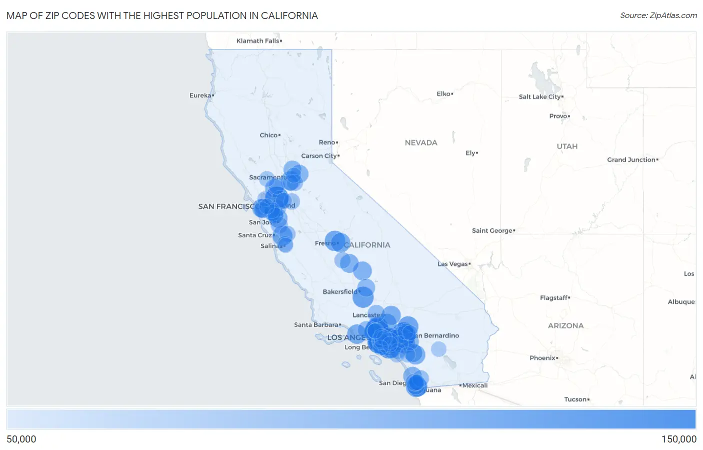 Zip Codes with the Highest Population in California Map