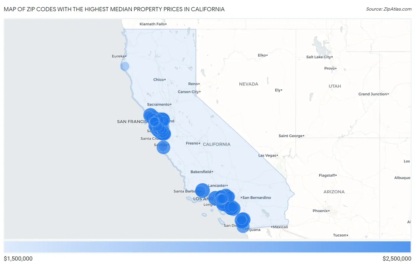Zip Codes with the Highest Median Property Prices in California Map