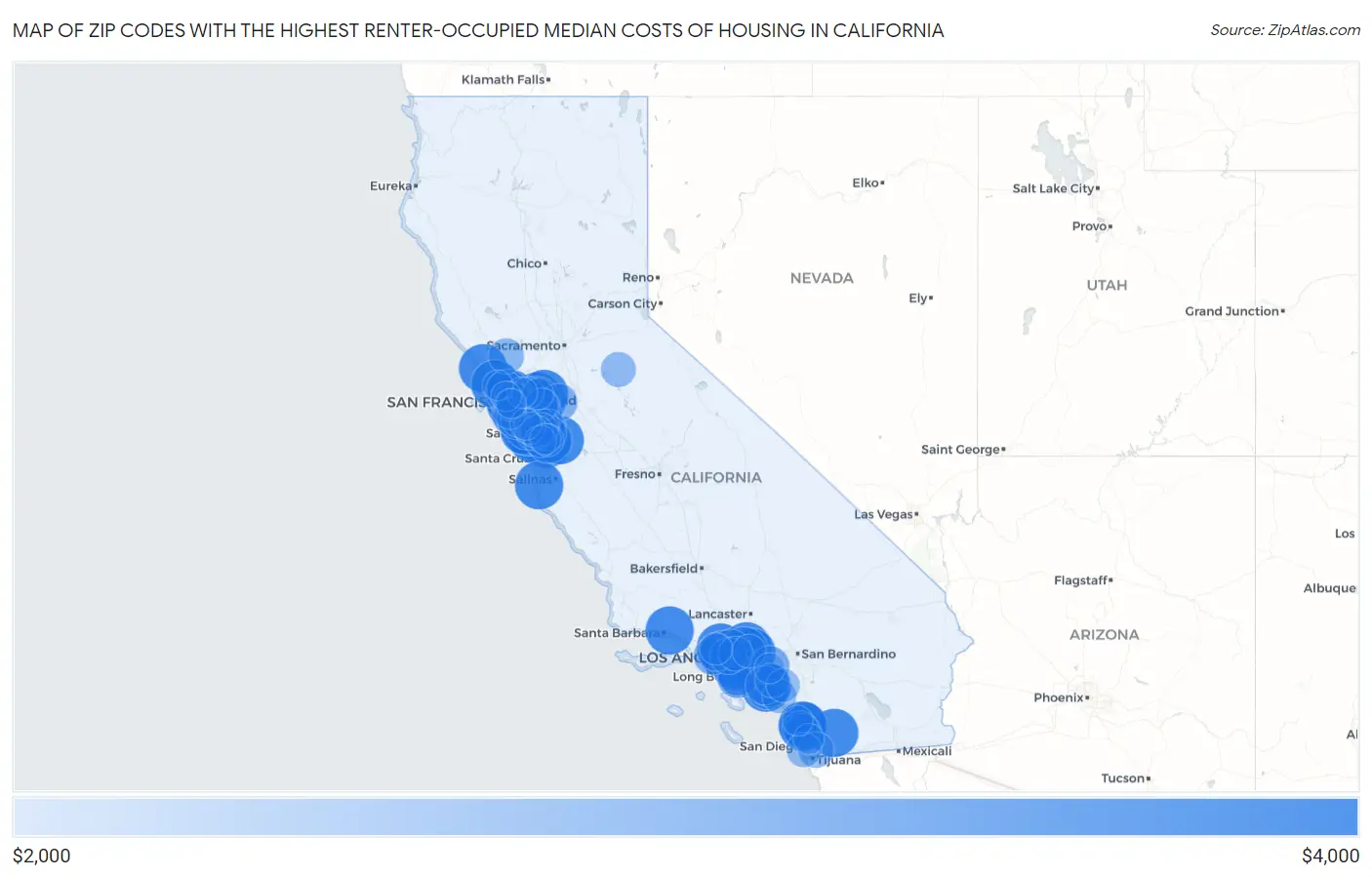 Zip Codes with the Highest Renter-Occupied Median Costs of Housing in California Map