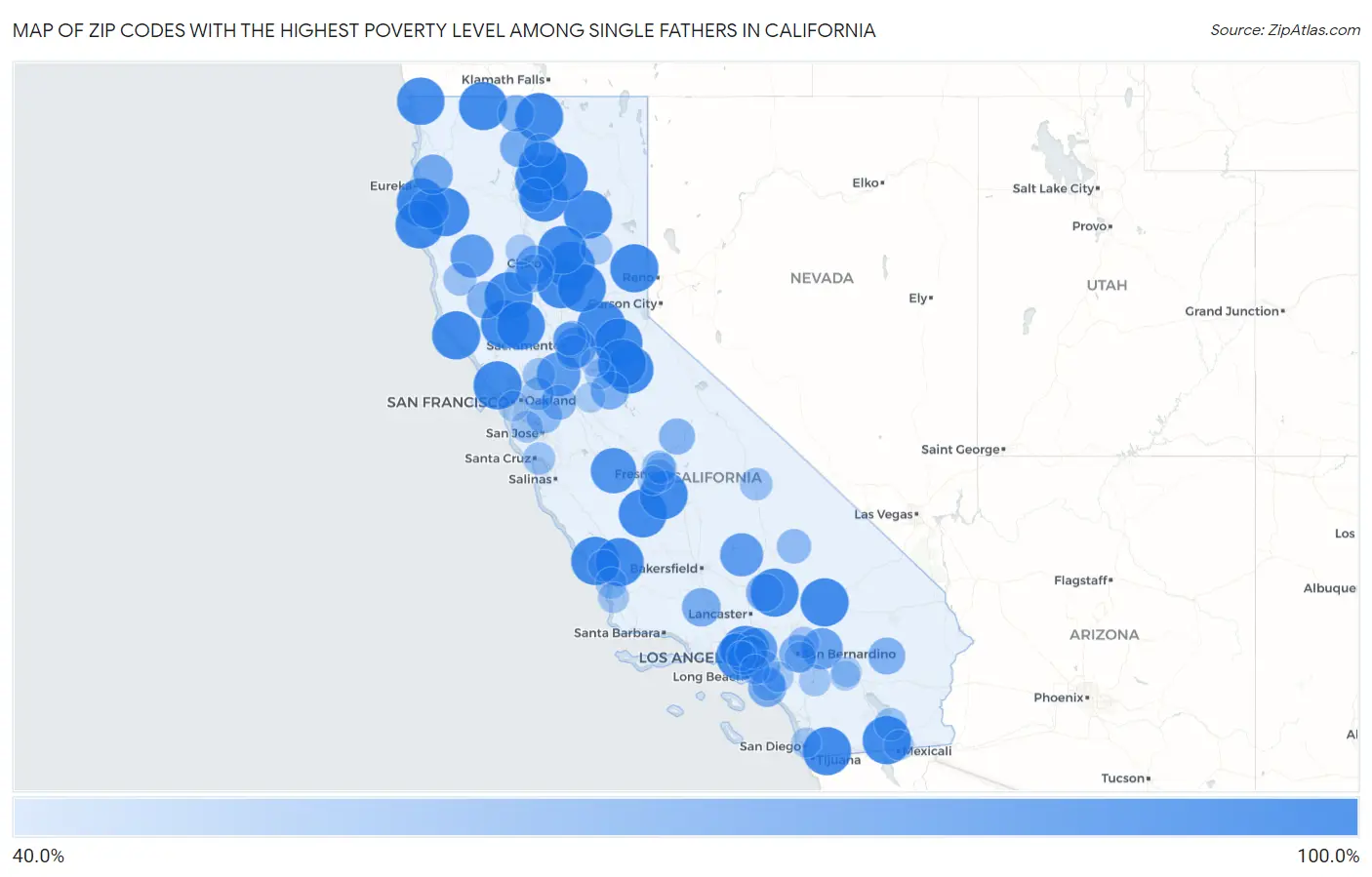 Zip Codes with the Highest Poverty Level Among Single Fathers in California Map