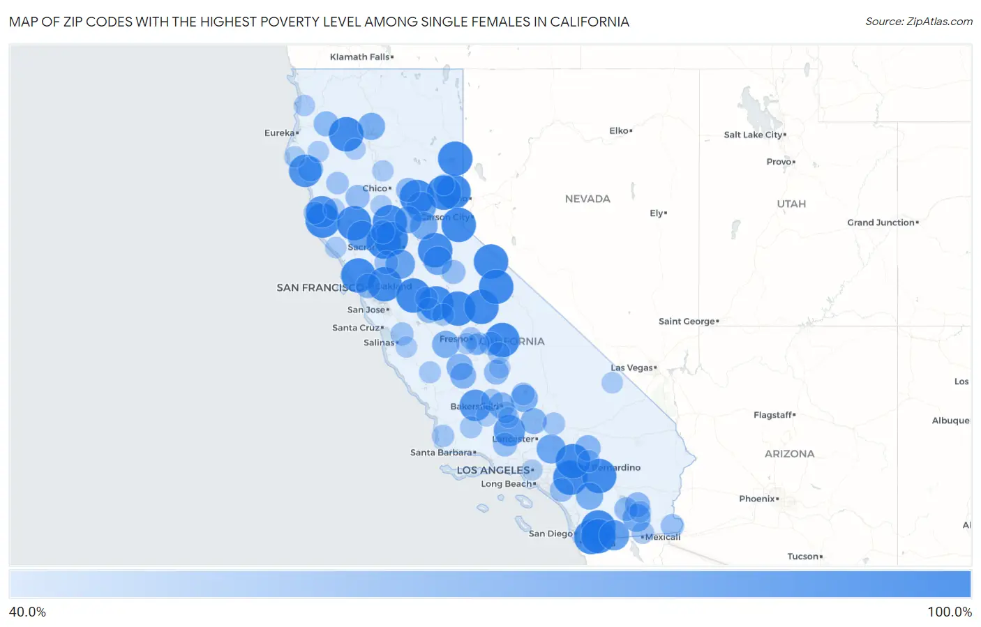 Zip Codes with the Highest Poverty Level Among Single Females in California Map