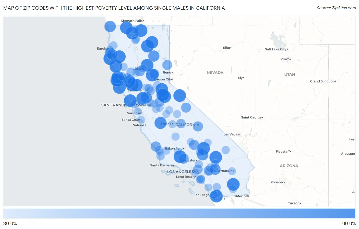 Zip Codes with the Highest Poverty Level Among Single Males in California Map