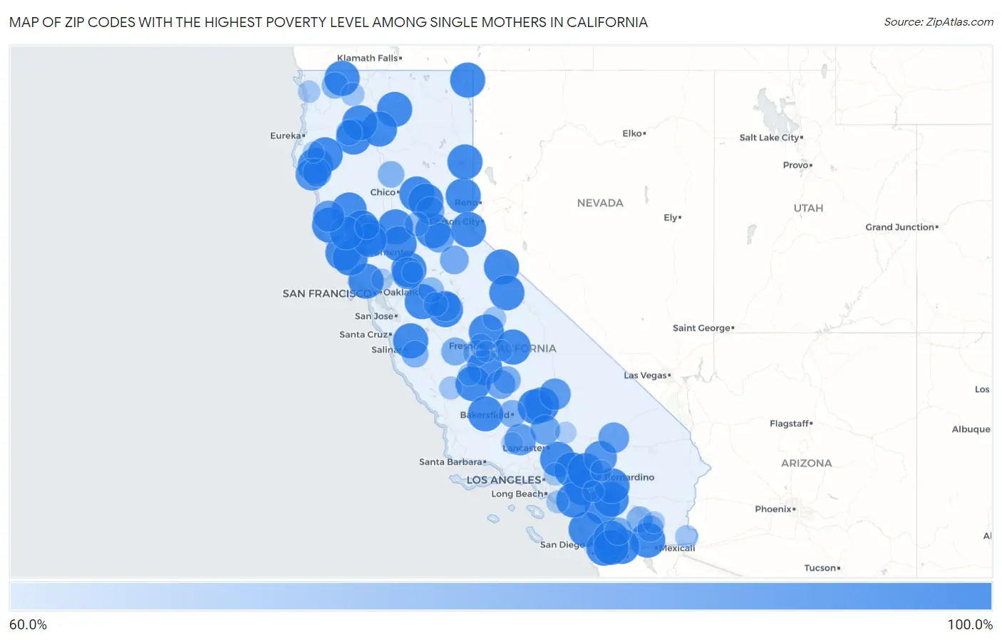 Zip Codes with the Highest Poverty Level Among Single Mothers in California Map