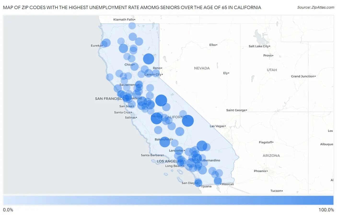 Zip Codes with the Highest Unemployment Rate Amomg Seniors Over the Age of 65 in California Map