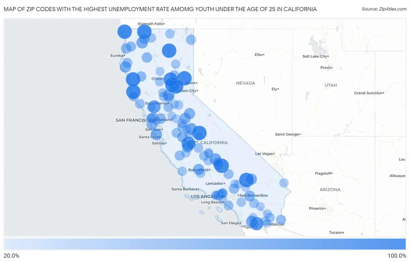 Zip Codes with the Highest Unemployment Rate Amomg Youth Under the Age of 25 in California Map