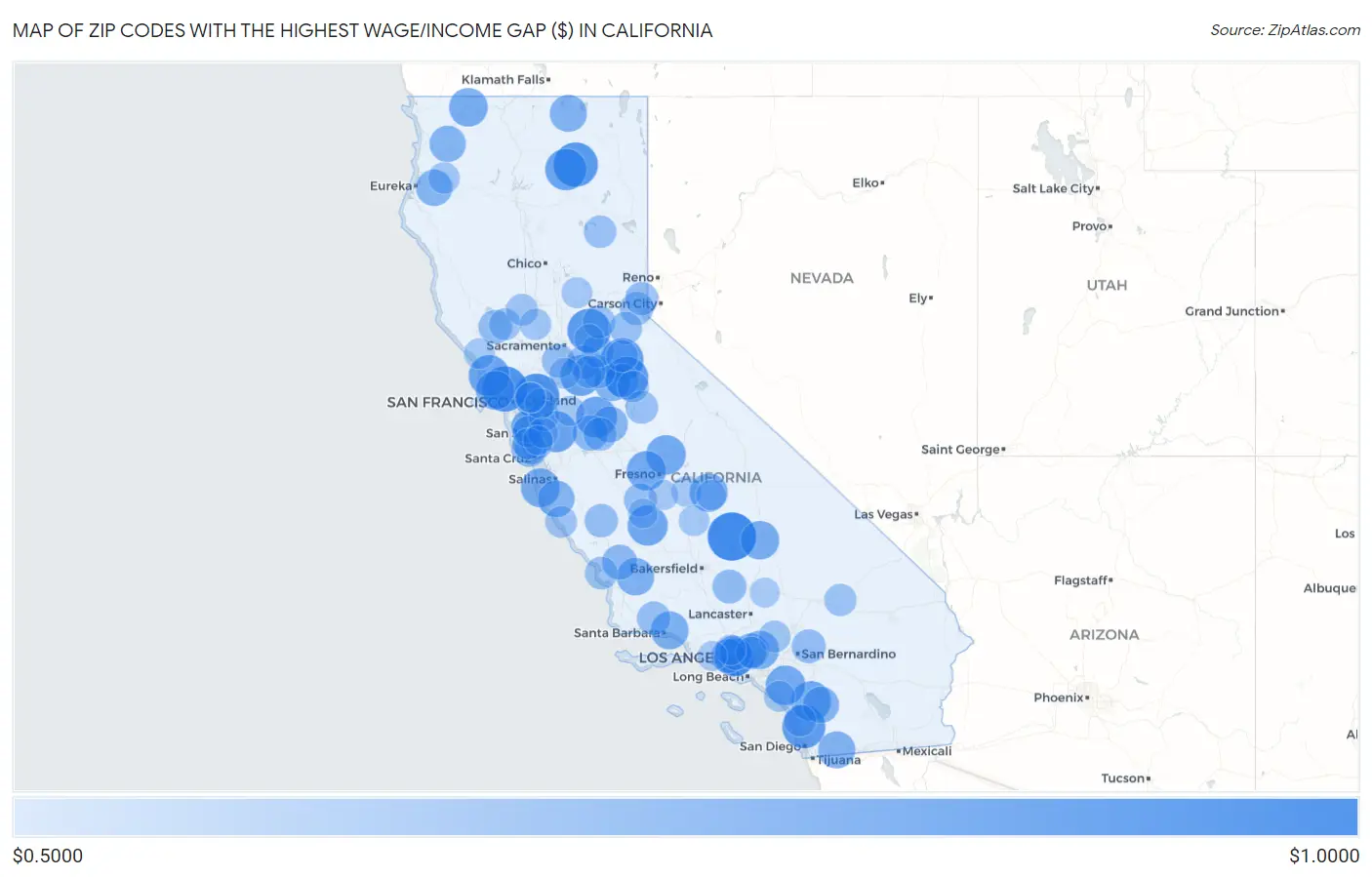 Zip Codes with the Highest Wage/Income Gap ($) in California Map