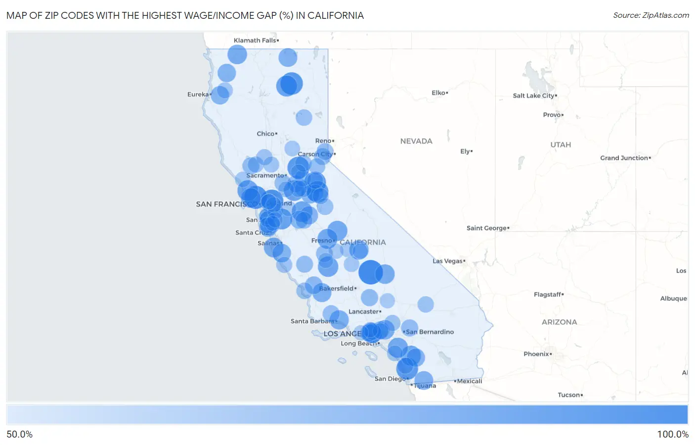 Zip Codes with the Highest Wage/Income Gap (%) in California Map