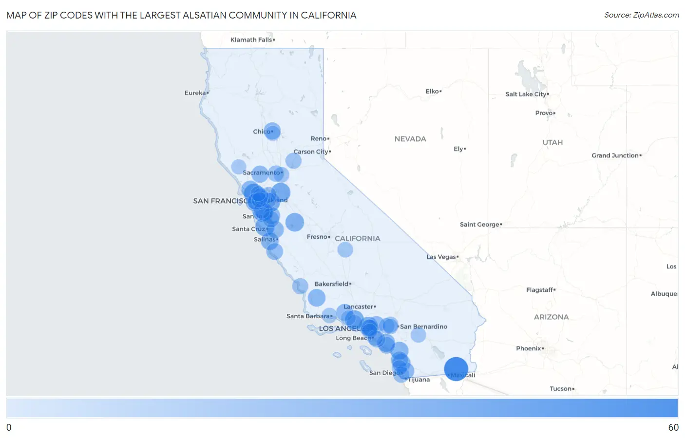 Zip Codes with the Largest Alsatian Community in California Map