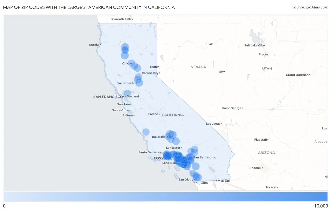 Zip Codes with the Largest American Community in California Map