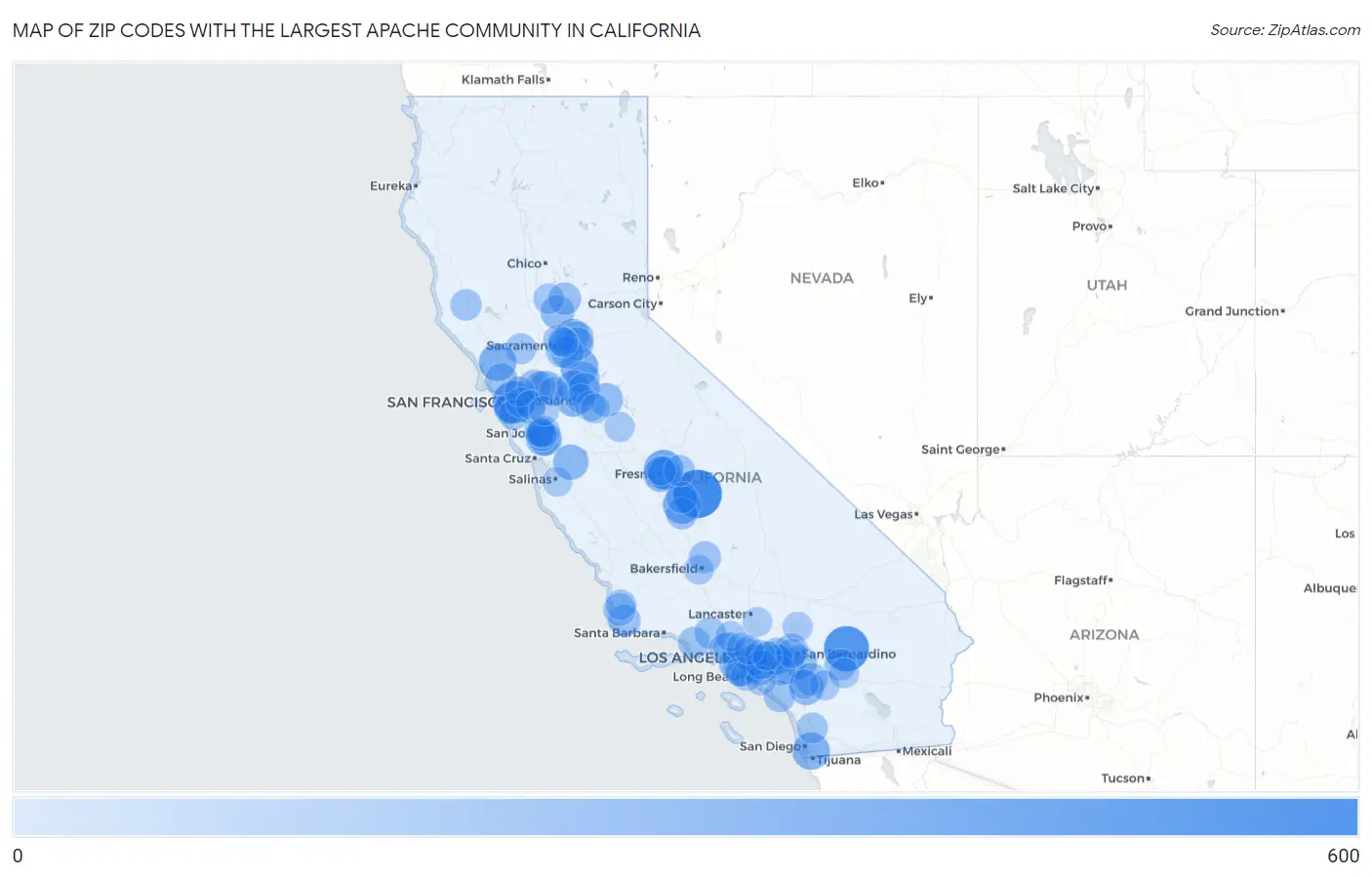 Zip Codes with the Largest Apache Community in California Map