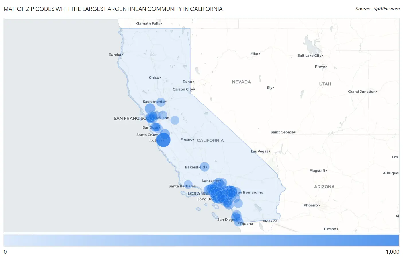 Zip Codes with the Largest Argentinean Community in California Map
