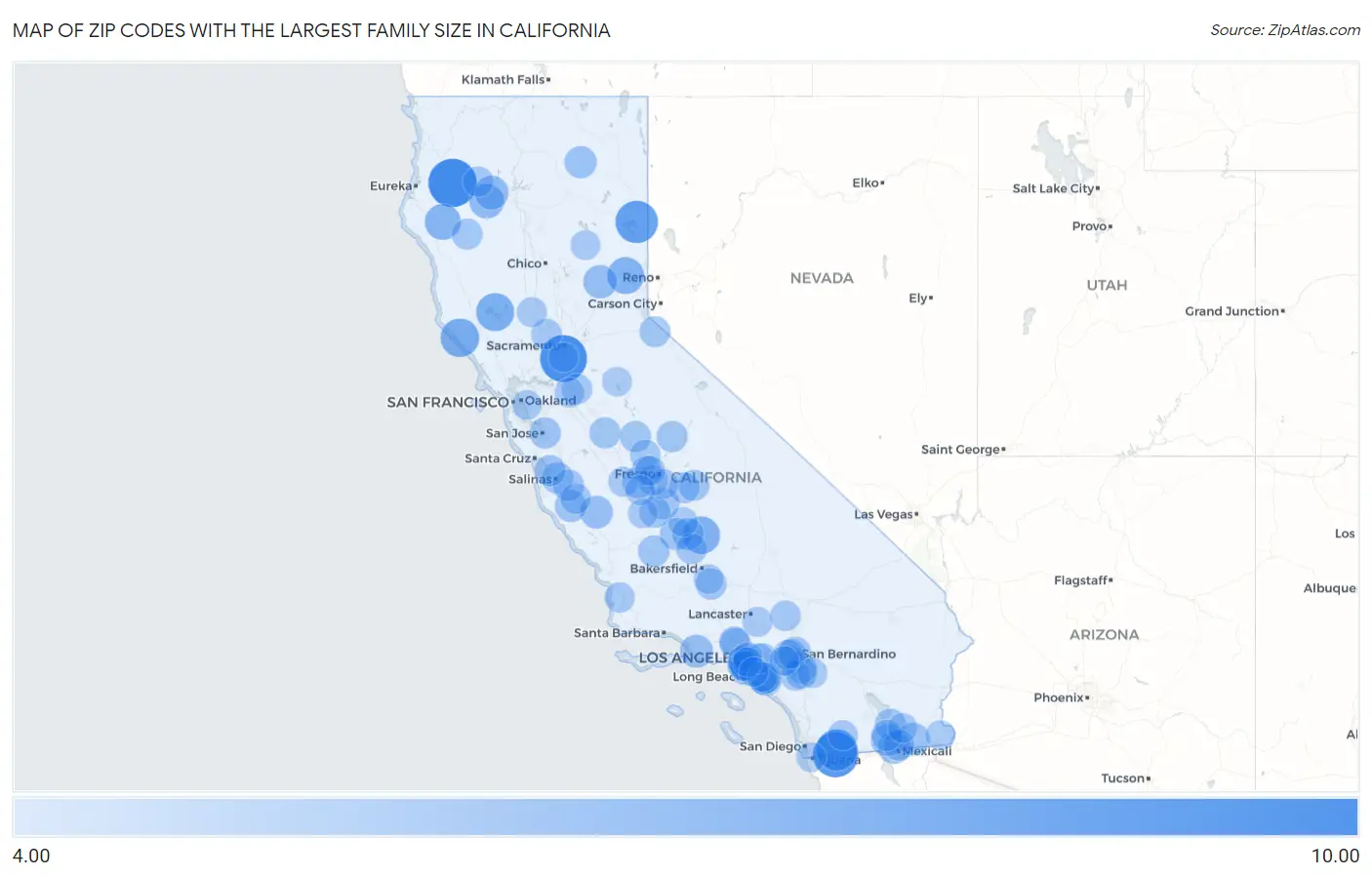Zip Codes with the Largest Family Size in California Map