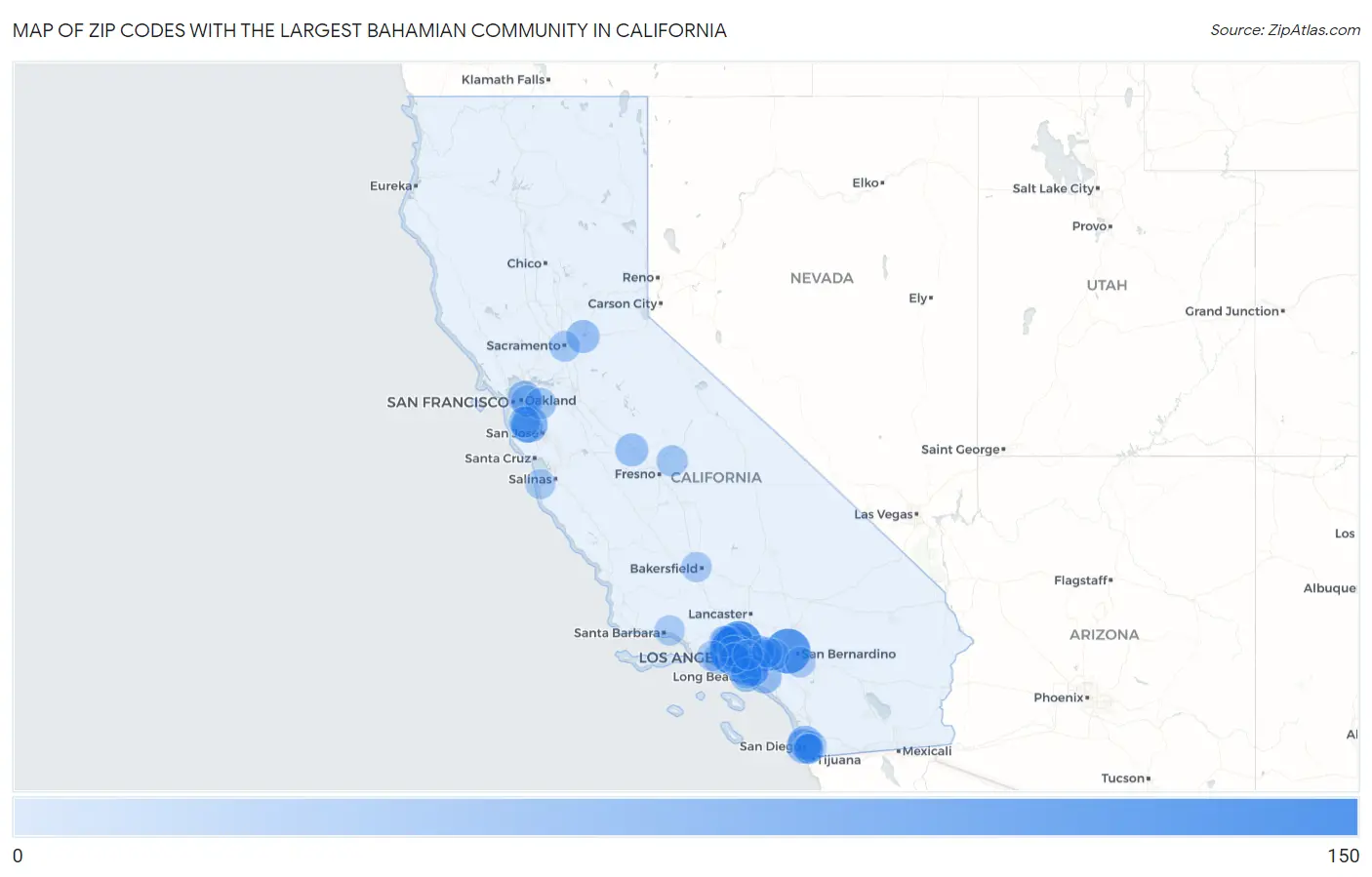Zip Codes with the Largest Bahamian Community in California Map