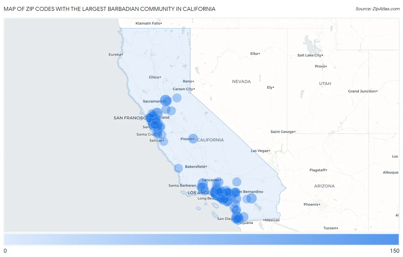 Zip Codes with the Largest Barbadian Community in California Map