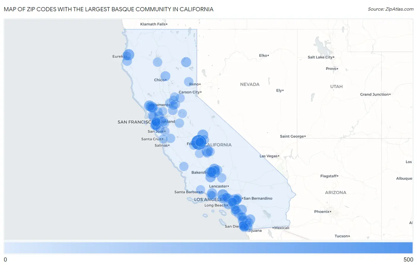 Zip Codes with the Largest Basque Community in California Map