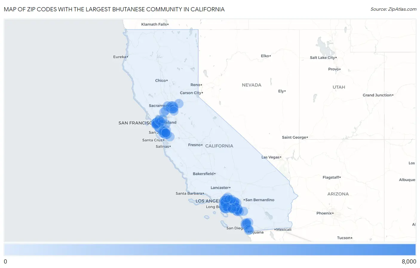 Zip Codes with the Largest Bhutanese Community in California Map
