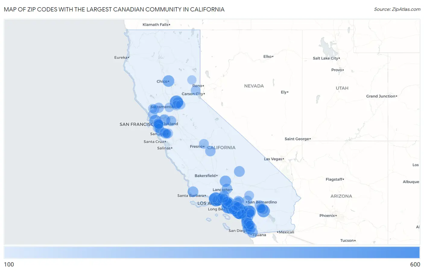 Zip Codes with the Largest Canadian Community in California Map