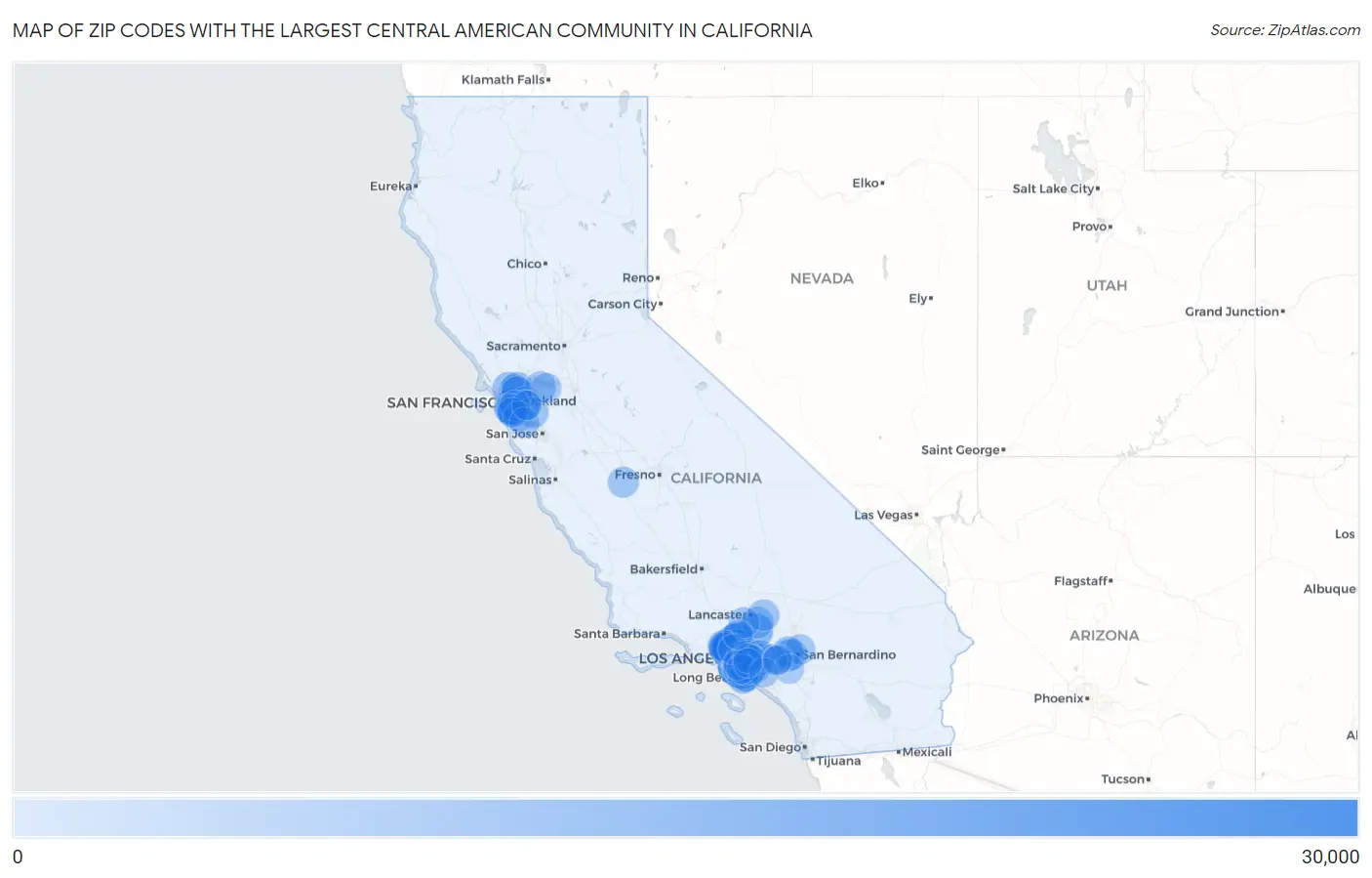 Zip Codes with the Largest Central American Community in California Map