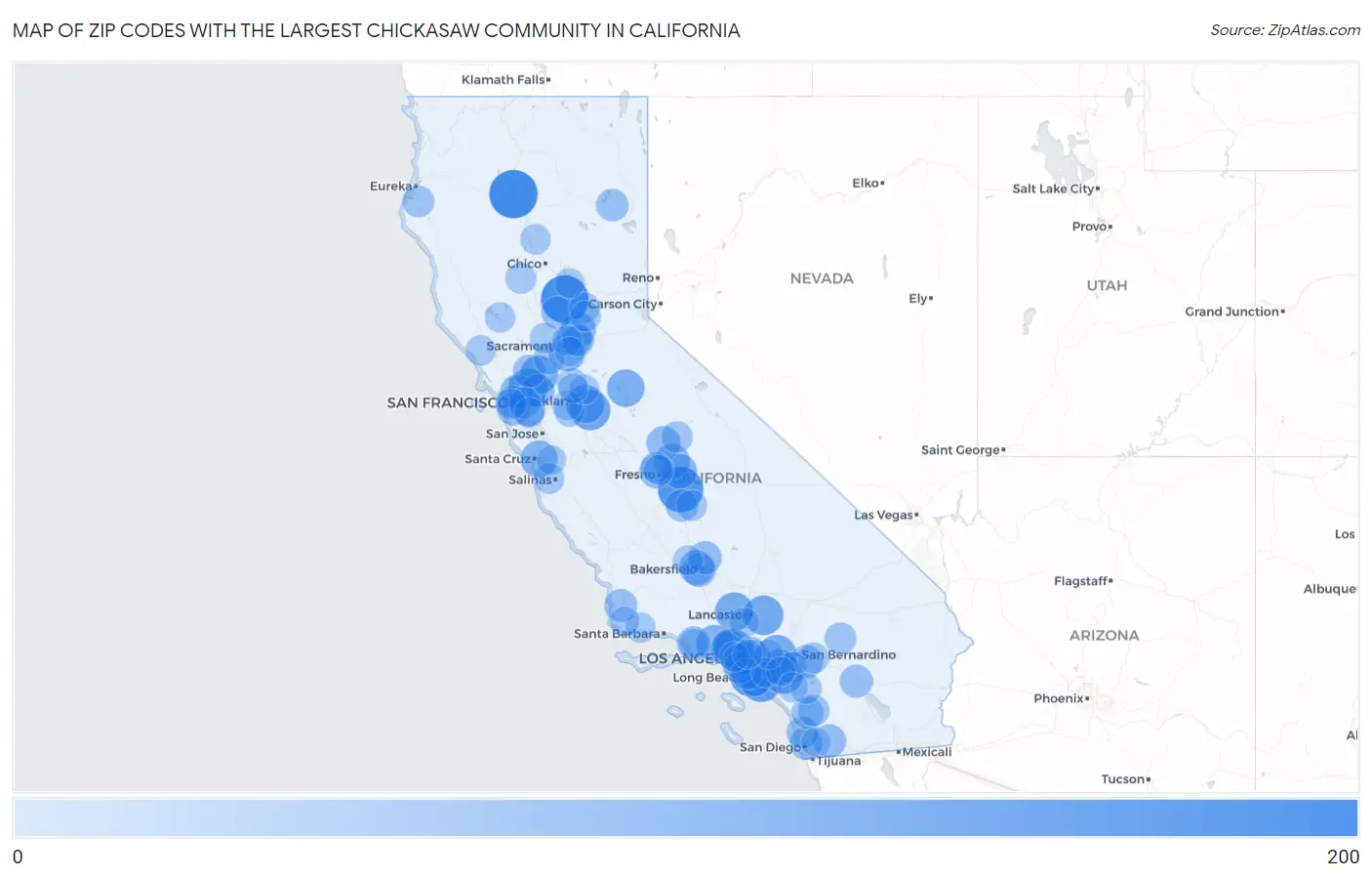 Zip Codes with the Largest Chickasaw Community in California Map