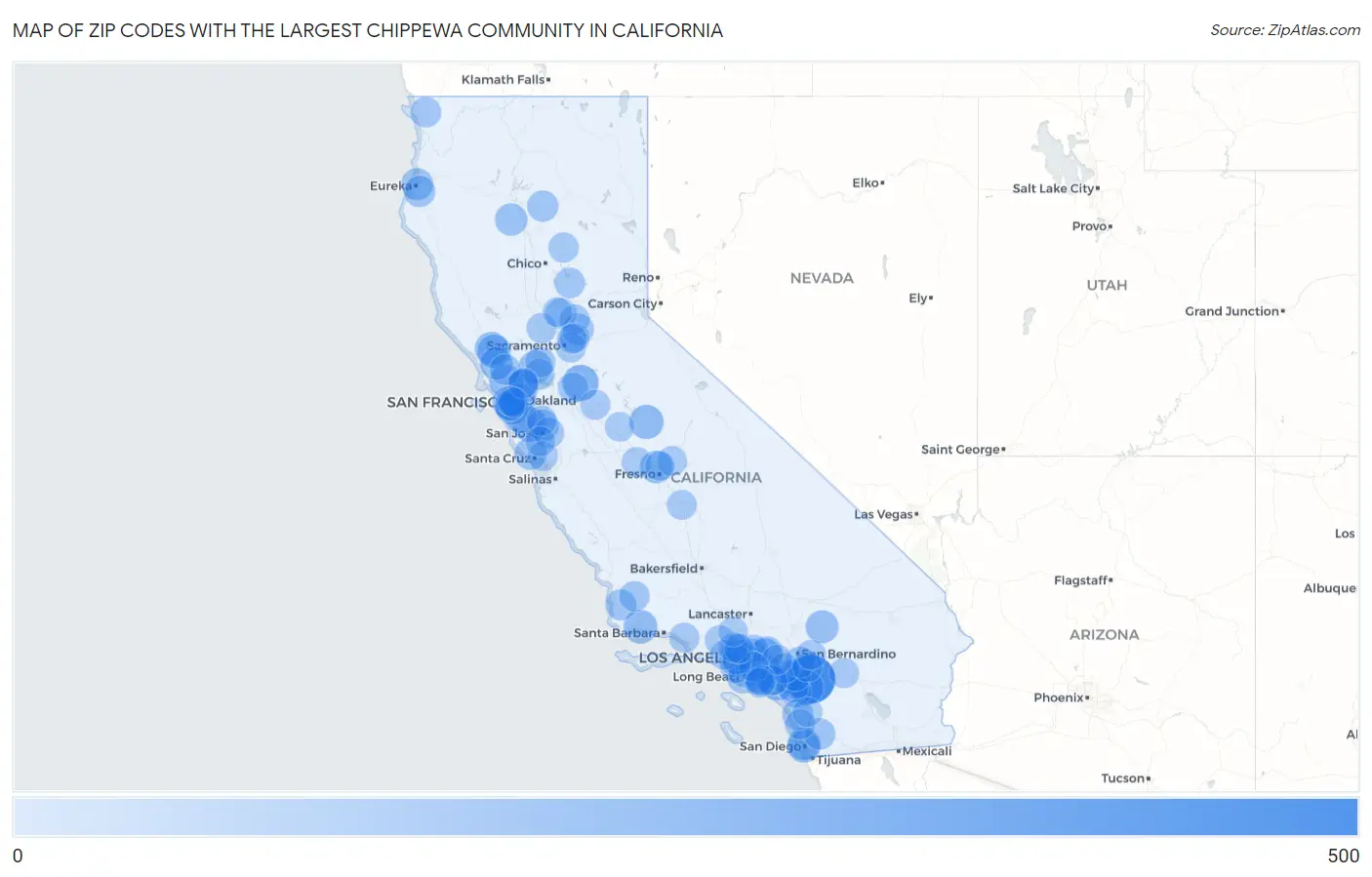 Zip Codes with the Largest Chippewa Community in California Map
