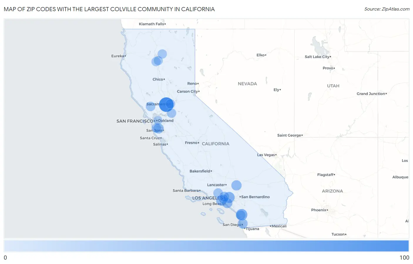 Zip Codes with the Largest Colville Community in California Map