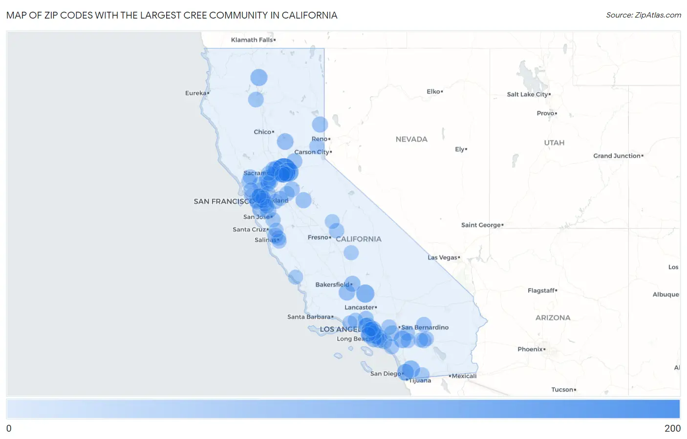 Zip Codes with the Largest Cree Community in California Map