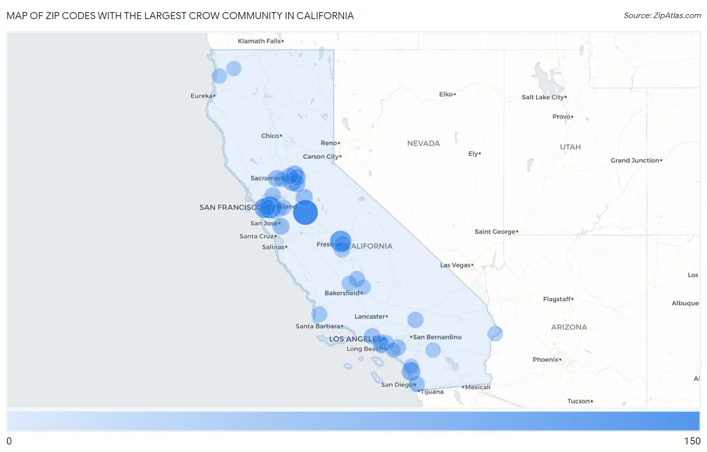 Zip Codes with the Largest Crow Community in California Map