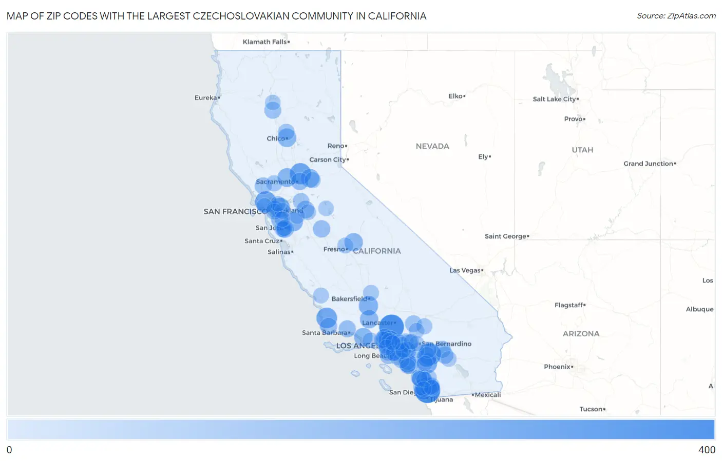 Zip Codes with the Largest Czechoslovakian Community in California Map
