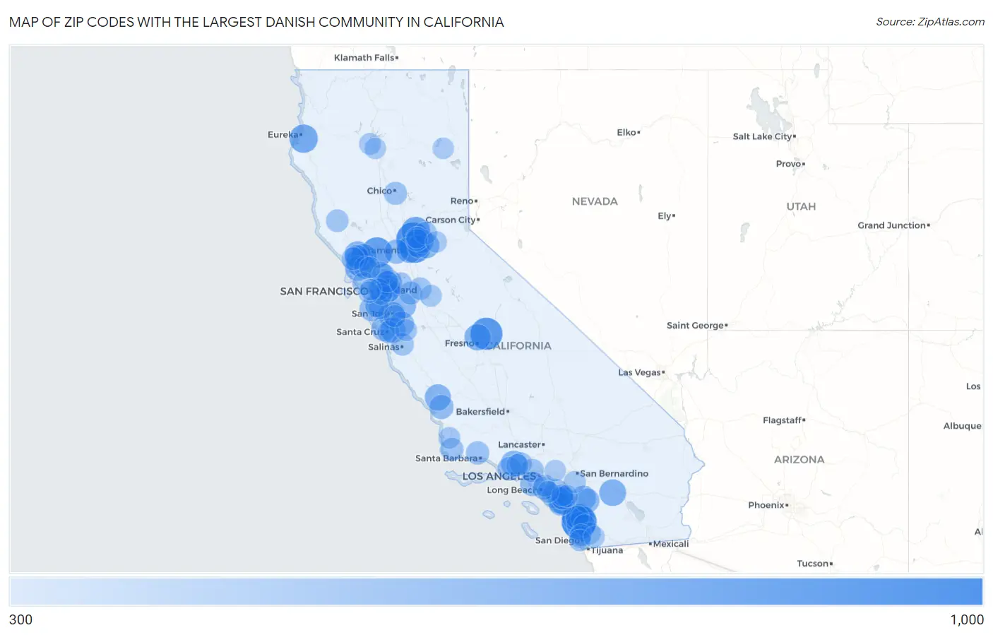 Zip Codes with the Largest Danish Community in California Map