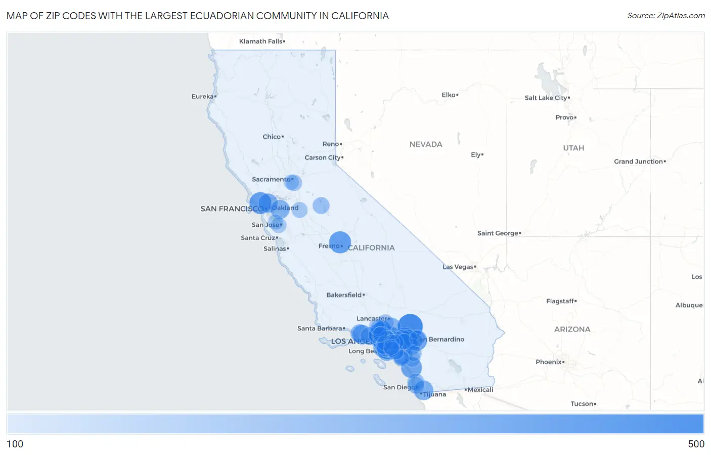 Zip Codes with the Largest Ecuadorian Community in California Map