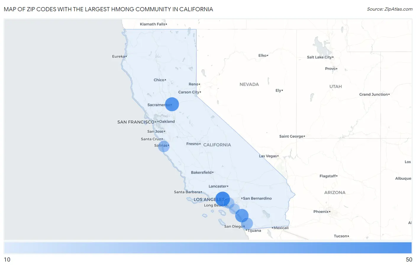 Zip Codes with the Largest Hmong Community in California Map