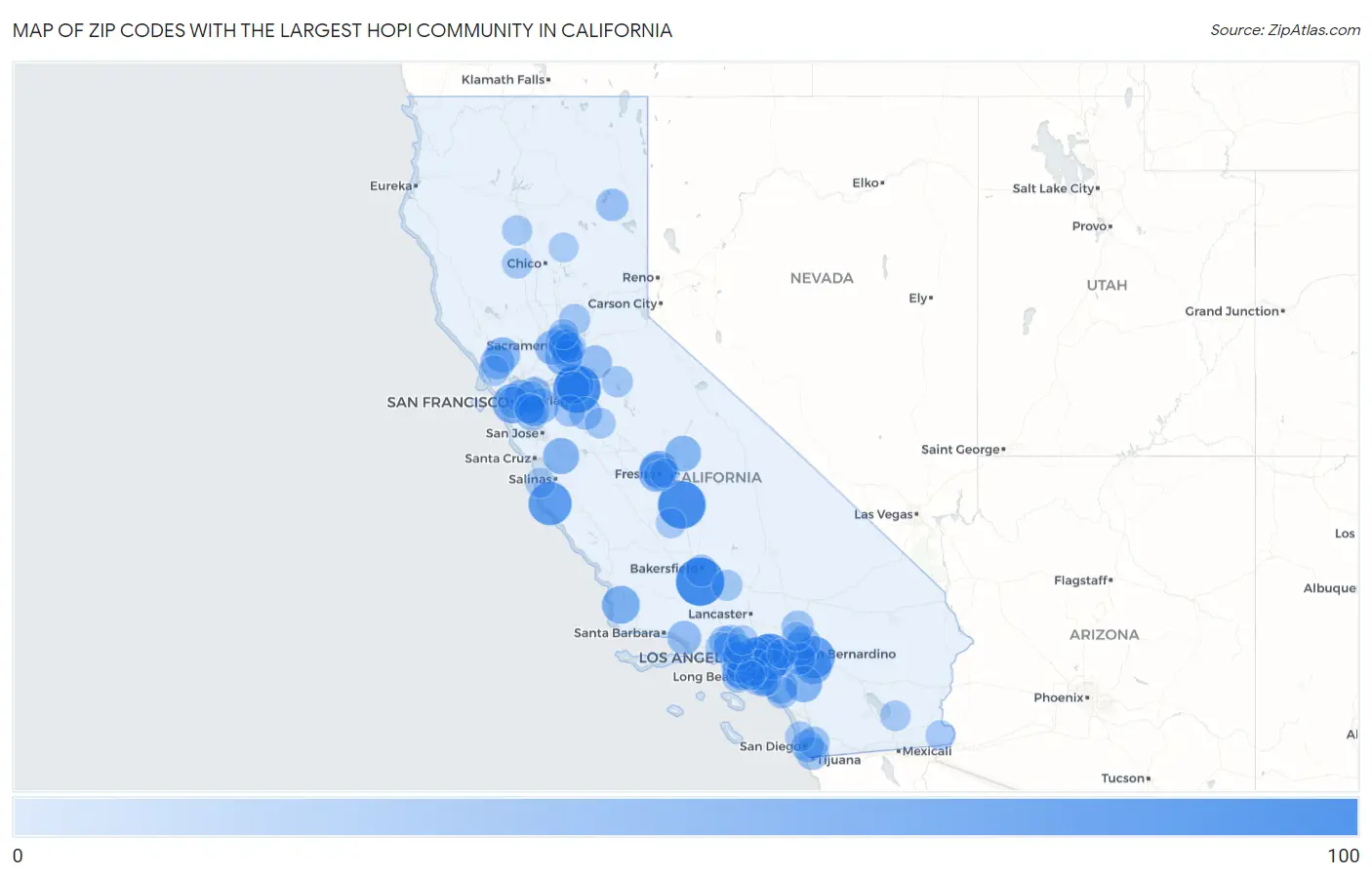 Zip Codes with the Largest Hopi Community in California Map