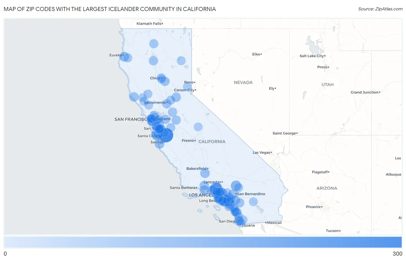 Zip Codes with the Largest Icelander Community in California Map