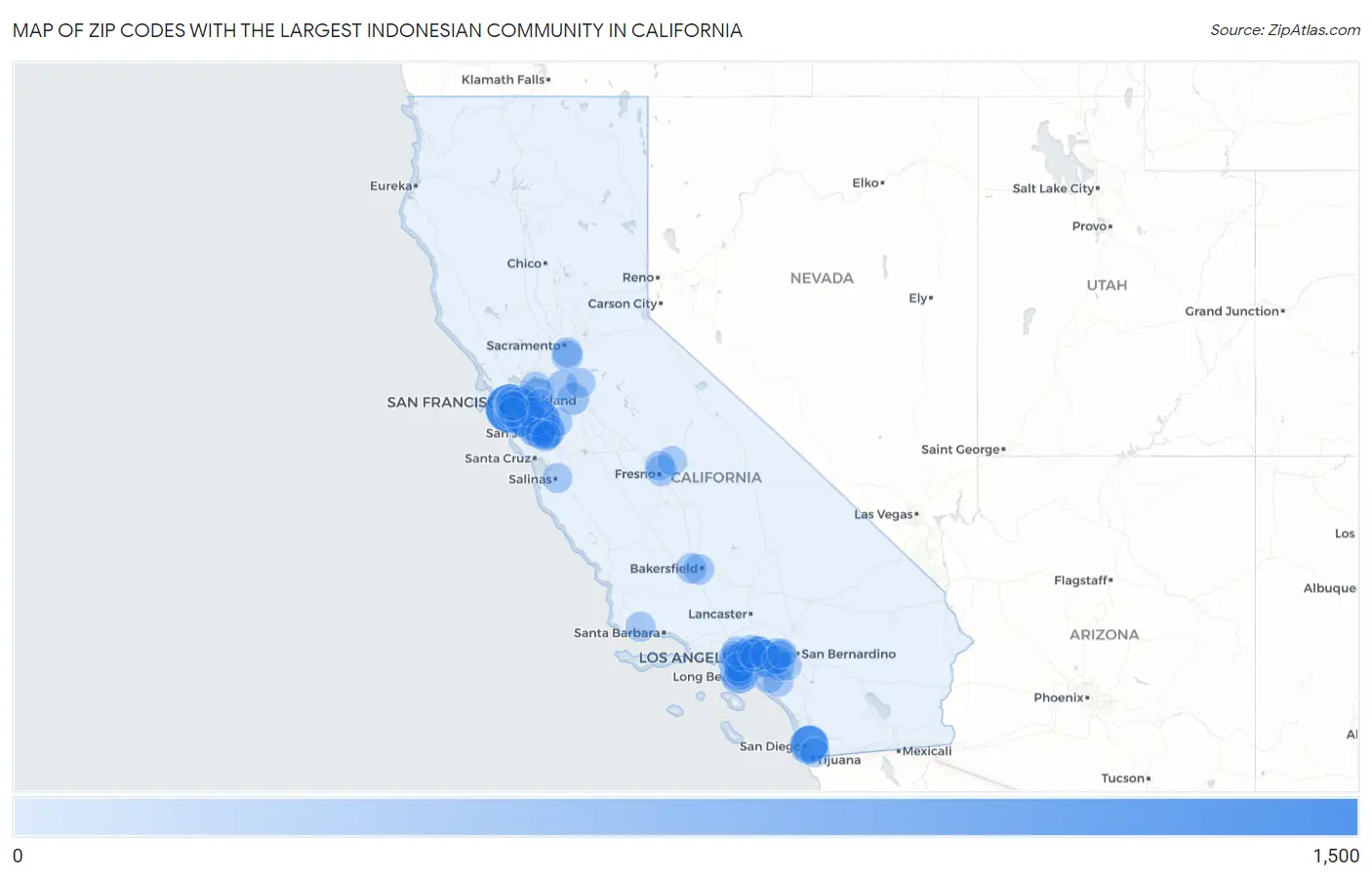 Zip Codes with the Largest Indonesian Community in California Map