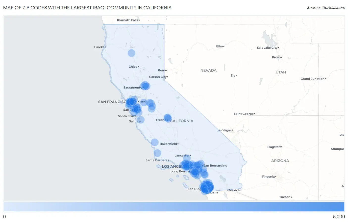 Zip Codes with the Largest Iraqi Community in California Map