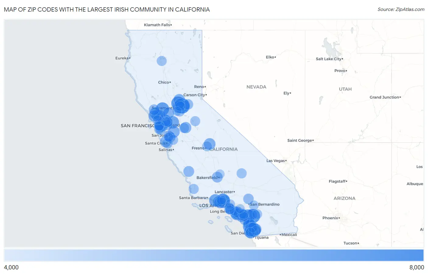 Zip Codes with the Largest Irish Community in California Map
