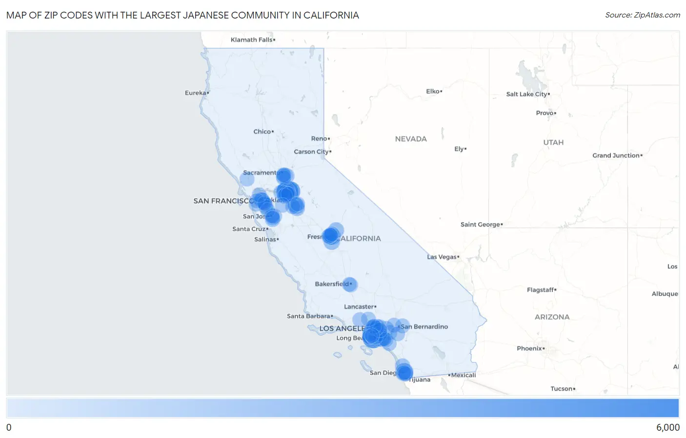 Zip Codes with the Largest Japanese Community in California Map