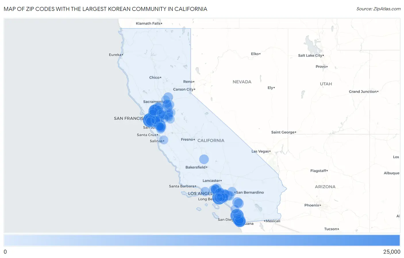 Zip Codes with the Largest Korean Community in California Map