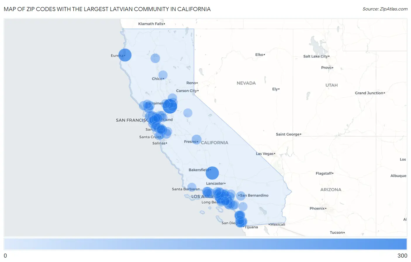 Zip Codes with the Largest Latvian Community in California Map