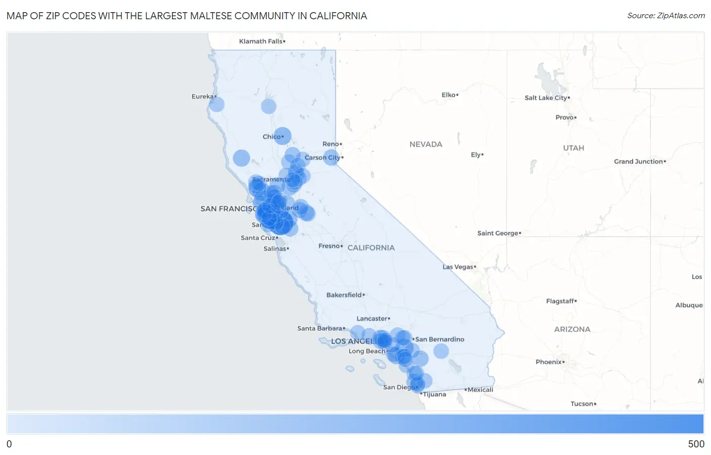 Zip Codes with the Largest Maltese Community in California Map