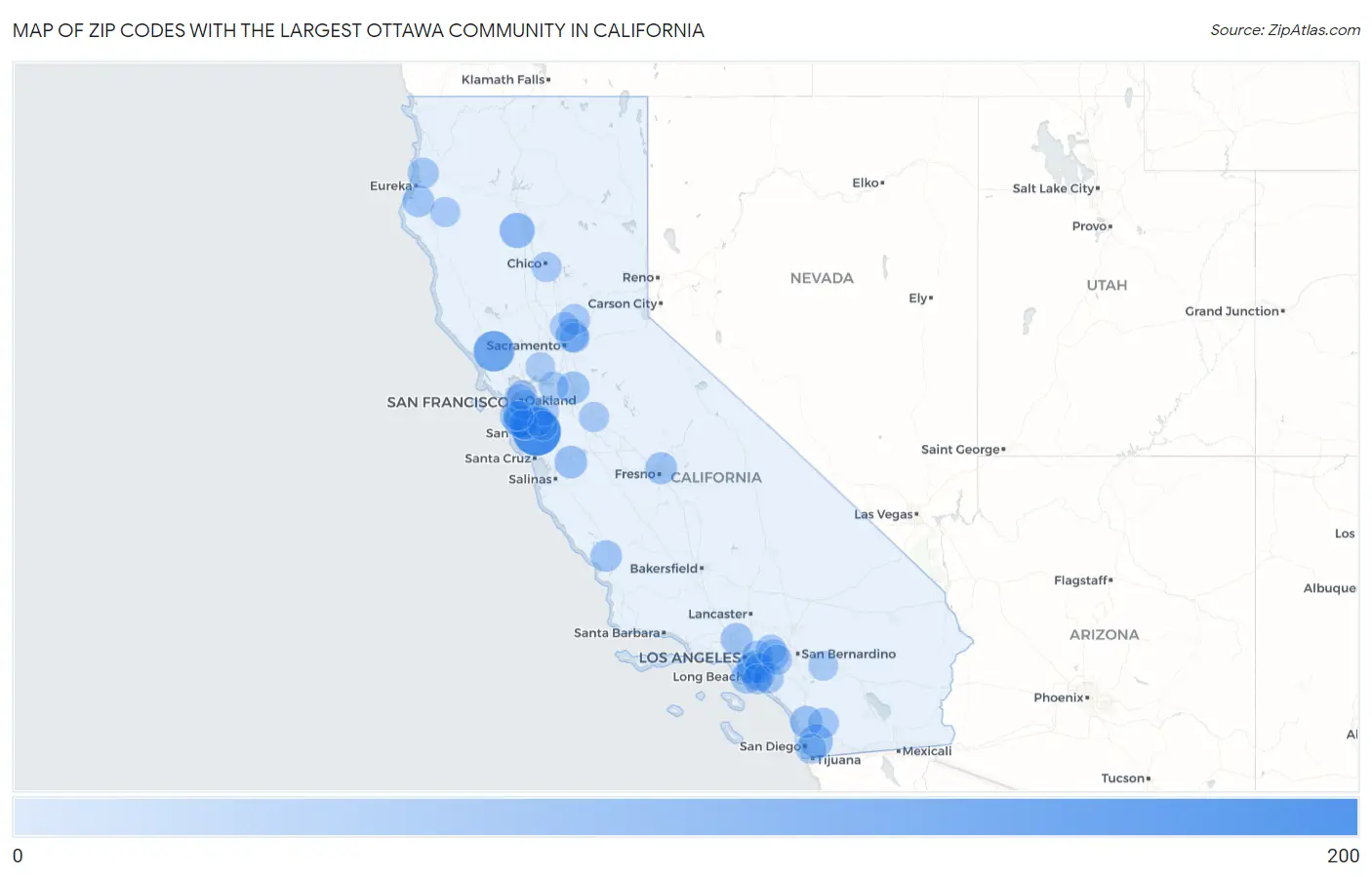 Zip Codes with the Largest Ottawa Community in California Map